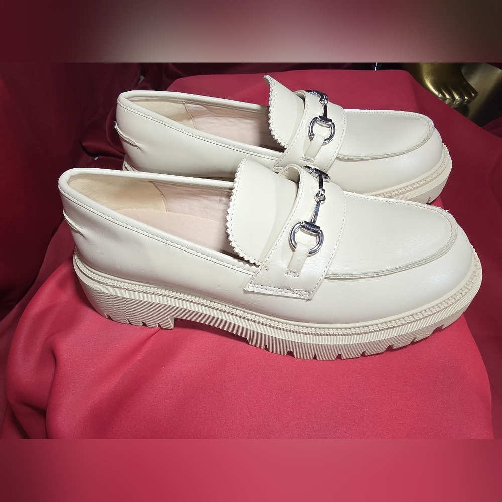 Cream Loafers with Silver Buckle